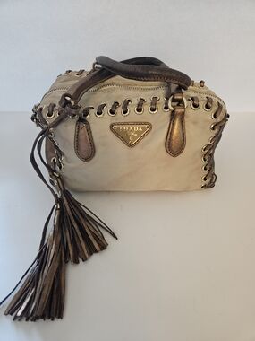 Prada Cream Leather Mini Satchel with Bronze Tassel and Trim